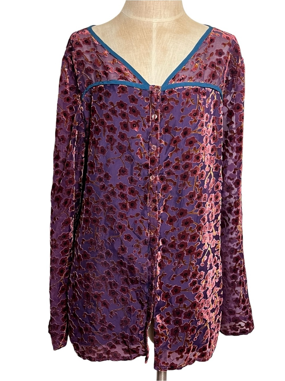 Sundance Sakura Burnout Velvet Floral Blouse Purple Boho Sheer Blouse — Size L